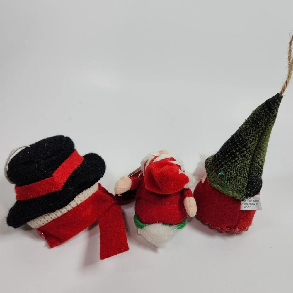 Christmas Plush Ornaments Gnome Snowman Santa In Car Lot of 3 Amscan Felt Fabric
